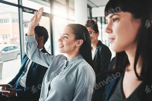 Preview: Question, workshop and woman in meeting, conference or seminar in office corporate training session