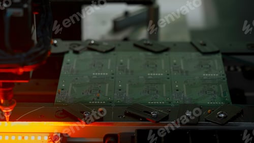 Preview: Coating machine for printed circuit board at work. Creative. Close up of automated robotic mechanism