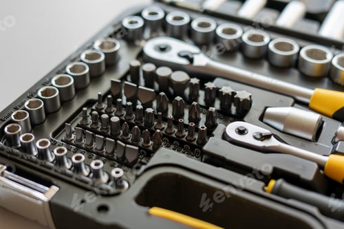 Preview: a macro view of the toolbox with kit of screwdrivers, manual steel tools