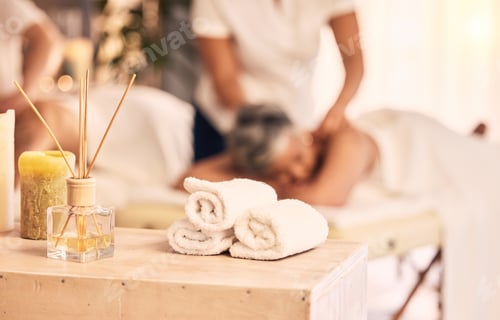 Preview: Spa massage, aroma candle stick and woman at beauty salon for wellness, spiritual service and physi