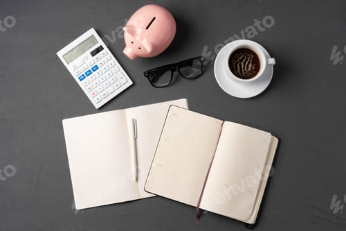 Preview: Office desk with notepad, glasses and supplies