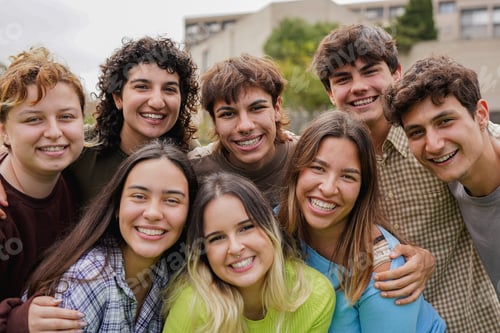 Preview: Group of happy adult students having fun together outside of university school building