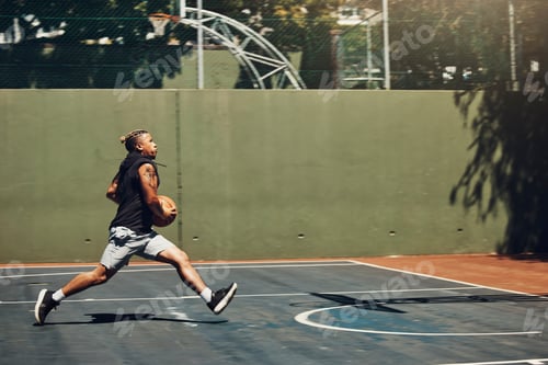 Preview: Young black man, basketball fitness outdoor training and running on court. Athletic sport wellness