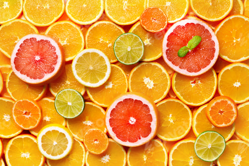 Preview: Citrus fruits background (orange, lemon, grapefruit, mandarin, lime). Food frame, vitamin concept