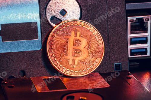 Preview: golden bitcoin on floppy disk