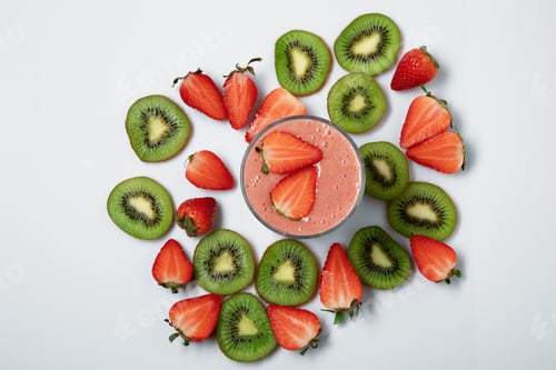 Preview: Strawberry and Kiwi Smoothie Surrounded by Fresh Fruit