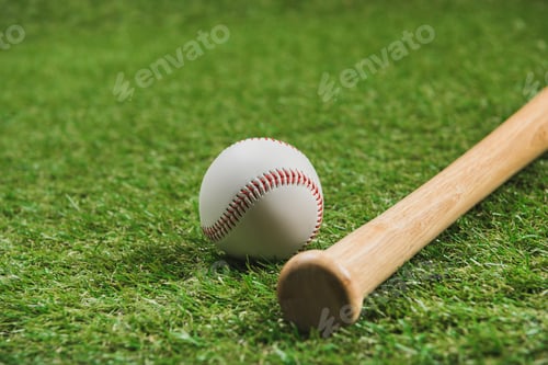 Preview: Close-up view of wooden baseball bat with ball on green grass