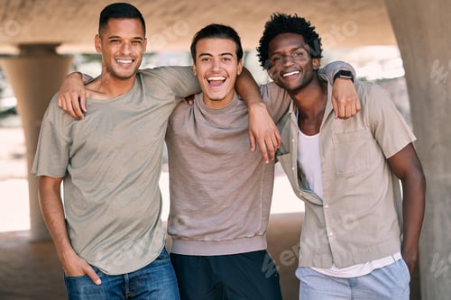 Preview: Portrait, diversity and happy with friends standing outdoor together while feeling excited in the c