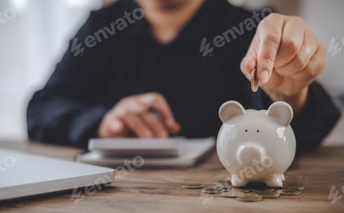 Preview: Hand holding coin with pig piggy bank. Saving and financial accounts concept