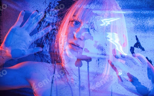 Preview: Cold blue color. With hands on the wet transparent plastic sheet. Stylish woman with white hair