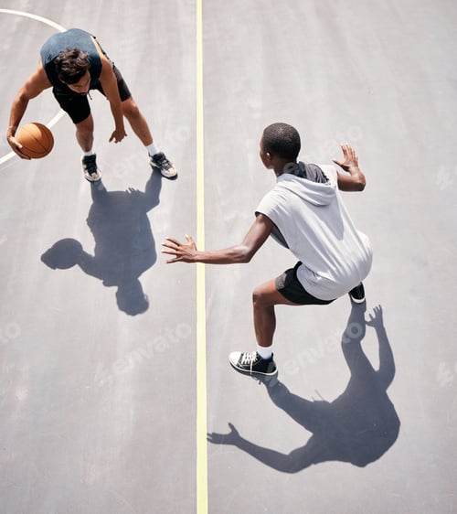 Preview: Basketball and basketball player on the court from above for a game during summer for fitness and s