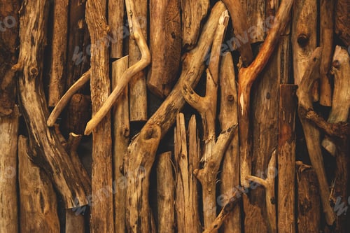Preview: Abstract wooden background made of short sticks. Front view with copy space.