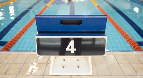 Preview: Empty swimming pool, platform and start competition of water sports, race and contest at diving fac