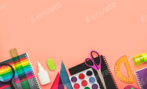 Preview: Back to school template background with space for text, notebooks, pens, pencils