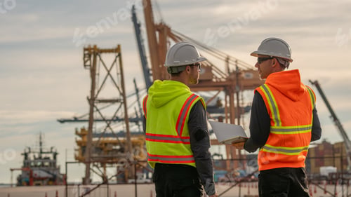 Preview: Industrial engineer workers operations marine port cranes loading and unloading