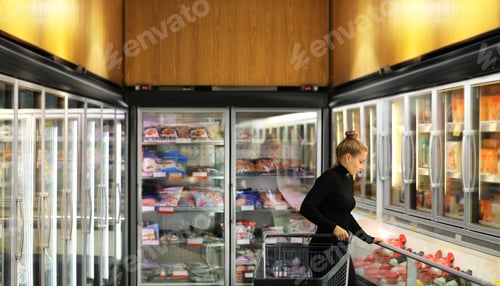 Preview: Woman Choosing Frozen Food From A Supermarket Freezer