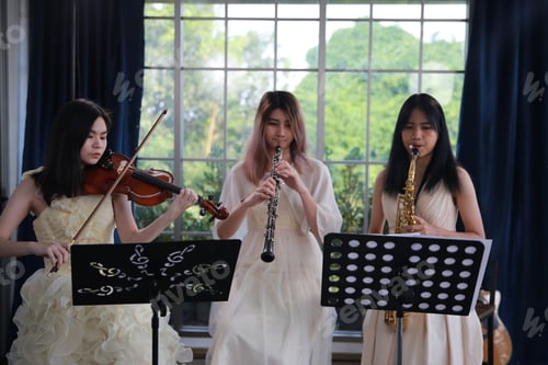 Preview: Women musical band playing instruments in background. Online home studio plays and sing a song.