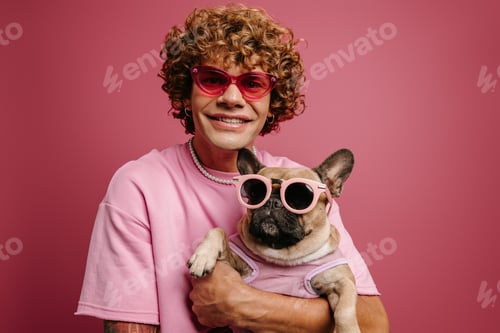 Preview: Fashionable young curly hair man holding French Bulldog pet in funky glasses on pink background