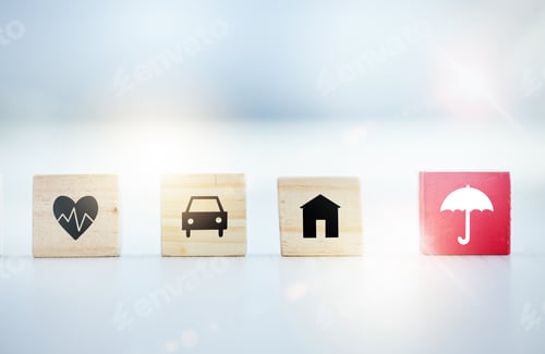 Preview: How sure are you. Shot of wooden blocks with insurance related symbols on them.
