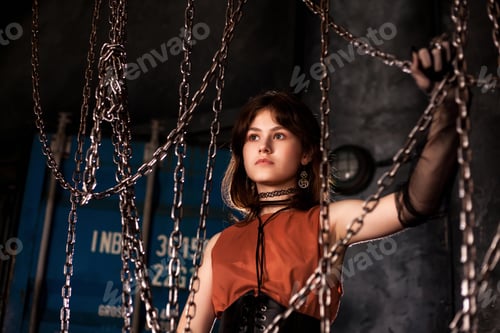 Preview: Teenage Girl Poses With Hanging Chains in a Dark Industrial Setting