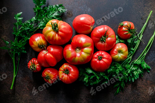 Preview: Top view of brandywine sort tomatoes with greens