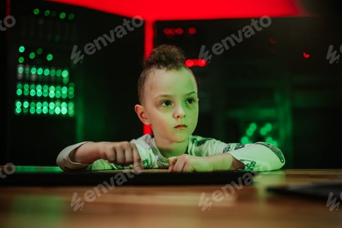 Preview: Young boy learning coding and technology in futuristic setting