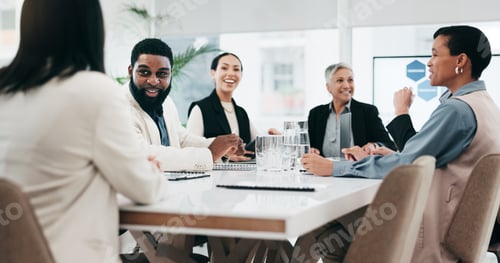 Preview: Talking, morning and business people leaving meeting, team seminar or a break from a workshop. Smil