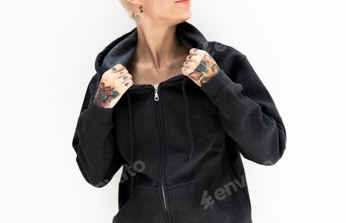 Preview: Woman wearing black hoodie