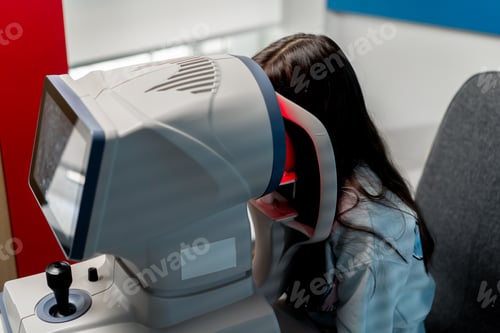 Preview: in an ophthalmology clinic a little girl diagnoses vision with a red light machine