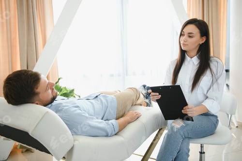 Preview: Depressed man speaking to a therapist while she is taking notes