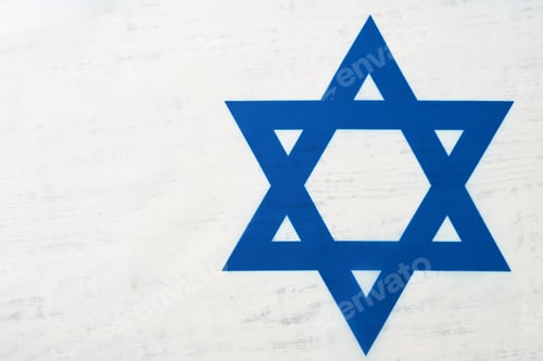 Preview: Independence Day of Israel. National Israel flag with star of David over white wooden background. Cl