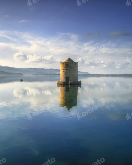 Preview: Old spanish windmill in Orbetello lagoon, Argentario, Italy.