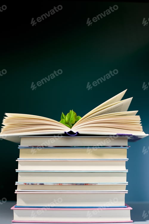 Preview: Open book, Stack of books with branch green leaves, World book day