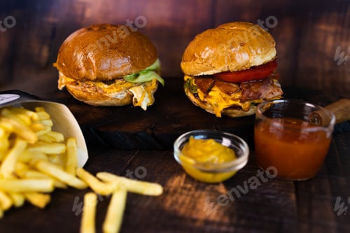 Preview: Tasty grilled homemade burgers with beef, tomato, cheese, bacon and lettuce on rustic wooden backgro