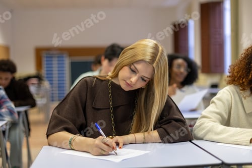 Preview: Young student focusing on writing exam in classroom