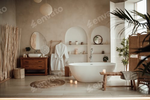 Preview: Soft native hues organic shapes look of bathroom with big window oval bathtub in neutrals tones