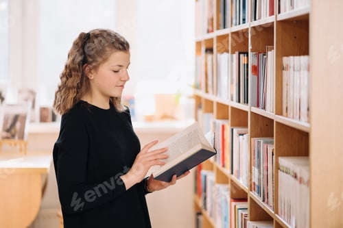 Preview: Teenager girl picking a book on a library shelf