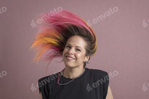 Preview: Closeup shot of a young female with colorful hair on white background