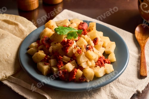 Preview: Mexican Papa con Chorizo or potatoes with chorizo Meal. Spicy Pork Sausage