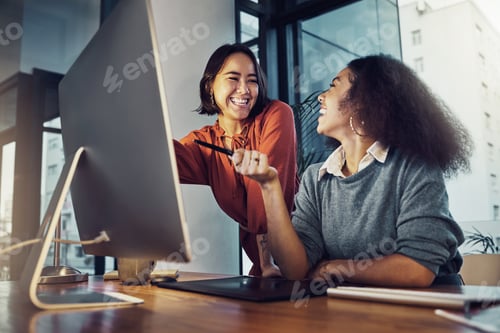 Preview: Collaboration, computer and business women in the office while working on a corporate project toget