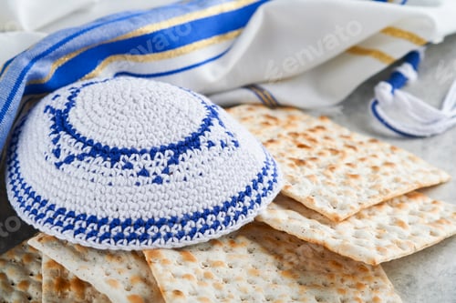 Preview: Passover celebration concept. Matzah, red kosher and walnut. Traditional ritual Jewish bread matzah,