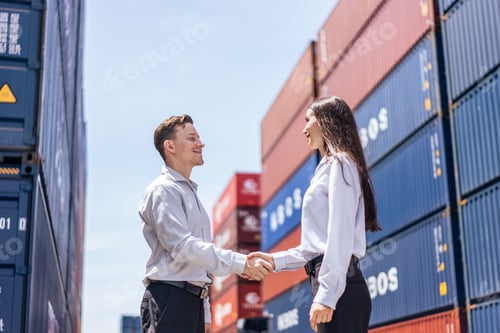 Preview: Caucasian businesswoman and businessman worker work in container port.