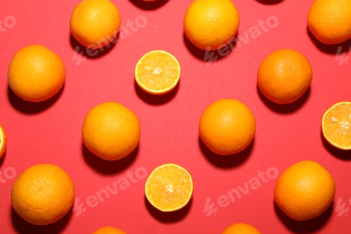 Preview: Fresh ripe oranges on red background, flat lay