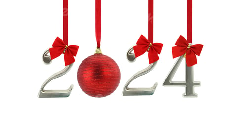 Preview: 2024 New Year number hanging wirh red ribbons isolated on white background,
