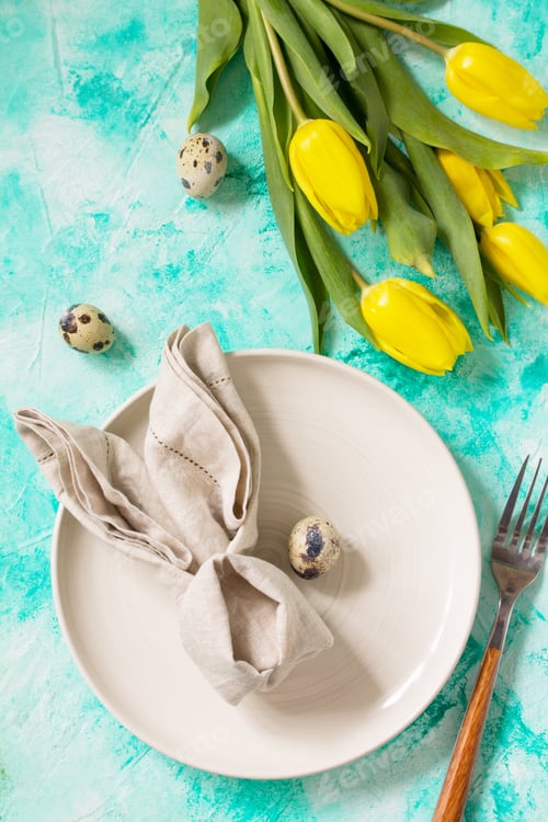 Preview: Holidays Easter table Setting with spring flowers.