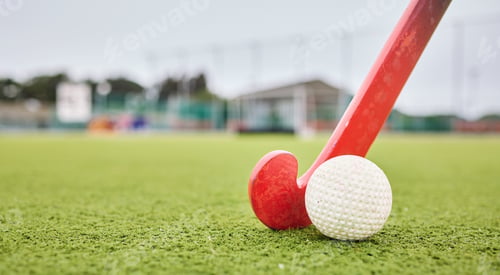 Preview: Field, sports and a ball and a stick for hockey, fitness and training in the morning. Closeup, grou