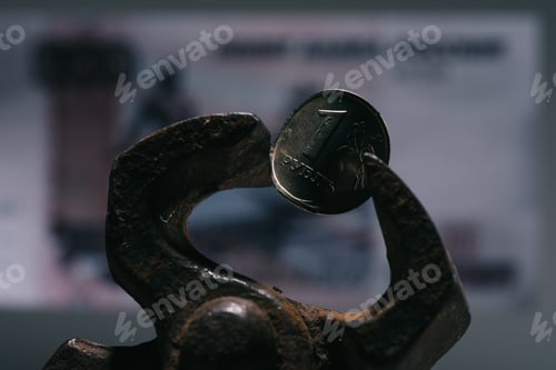 Preview: close-up view of iron vise tool with one ruble coin