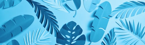 Preview: panoramic shot of blue minimalistic paper cut palm leaves on blue background with copy space,