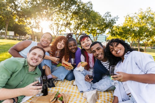 Preview: A diverse group of young adults enjoying a picnic t