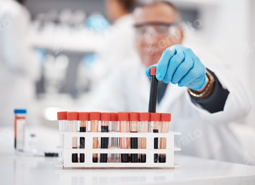 Preview: Blood, research and hands of scientist in laboratory with sample for research, medical study and in